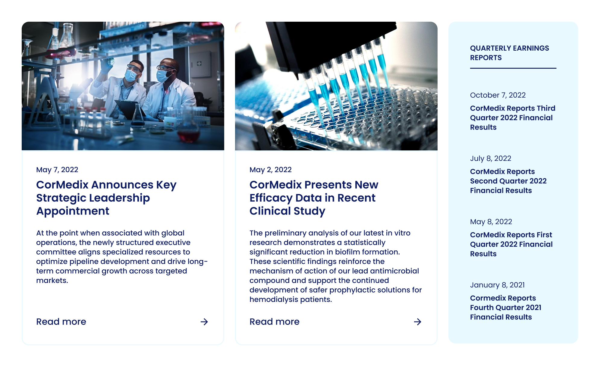 Content component: article summary cards with images, plus a quick links panel for the latest financial results