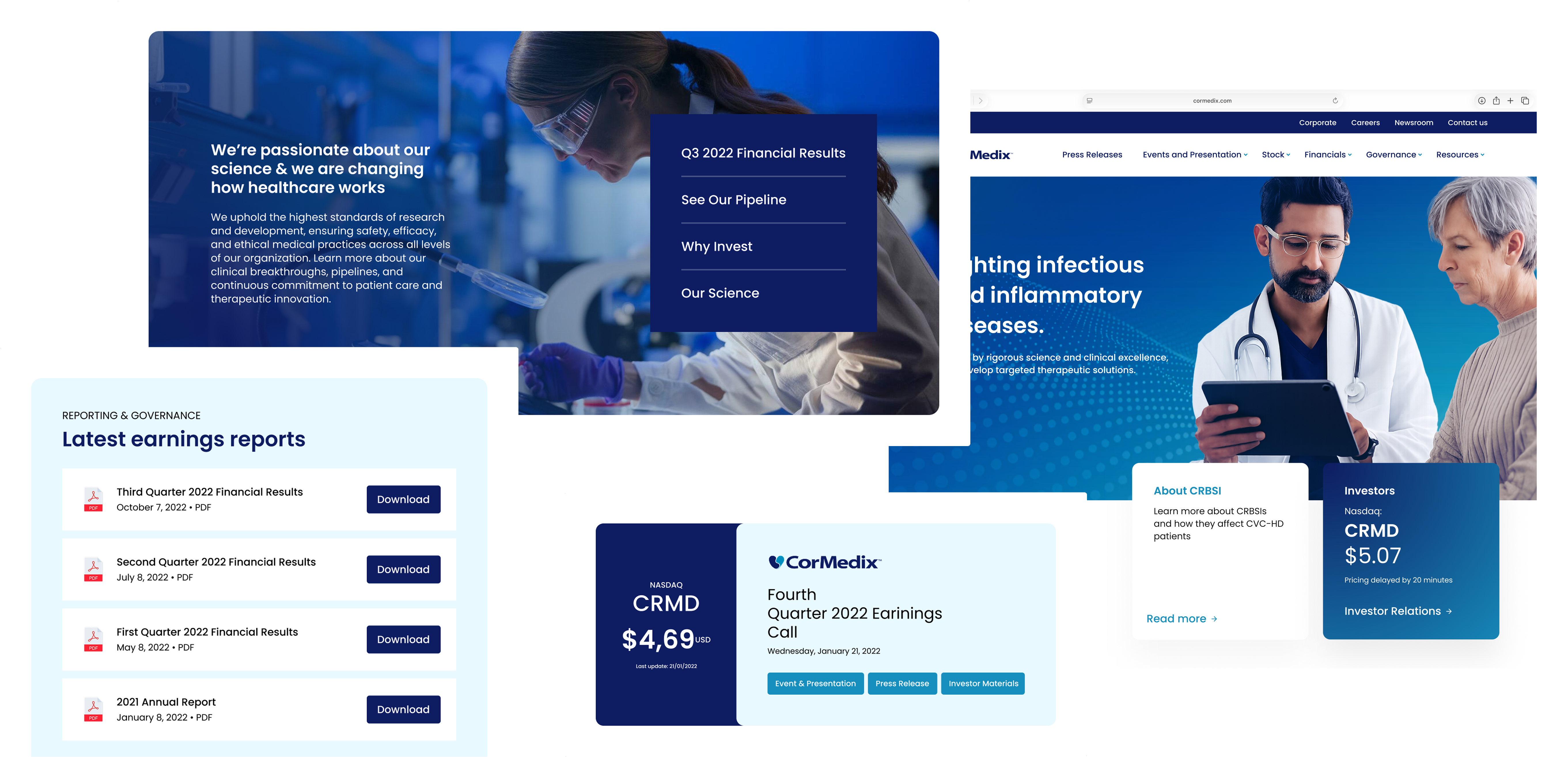 Stacked home page components: header, event broadcast card, institutional image, and reporting and governance section